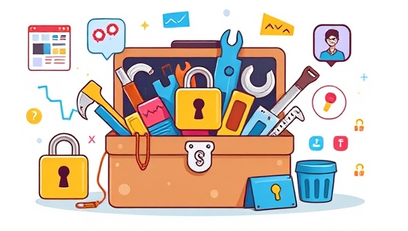 An illustration of a digital toolbox filled with web design tools, security locks, and customer support icons, symbolizing the comprehensive and reliable web design support provided by WebCare Pro through its subscription-based service model.