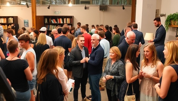 A vibrant social gathering with local influencers and small business owners mingling, exchanging ideas, and showcasing products, creating a sense of community and collaboration.