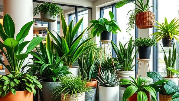 An urban jungle setting with a variety of lush plants and succulents displayed in stylish planters and hanging baskets, creating a vibrant and green oasis within a modern living space, showcasing the beauty and calming effects of indoor plants.