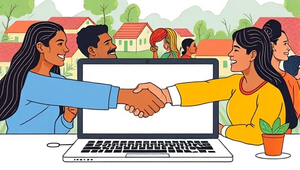 An illustrative image showing diverse individuals engaged in a virtual handshake over a laptop screen, symbolizing the connection and trust established between borrowers and lenders on the MicroFundMe platform, with a backdrop of a community setting to emphasize the local growth aspect.
