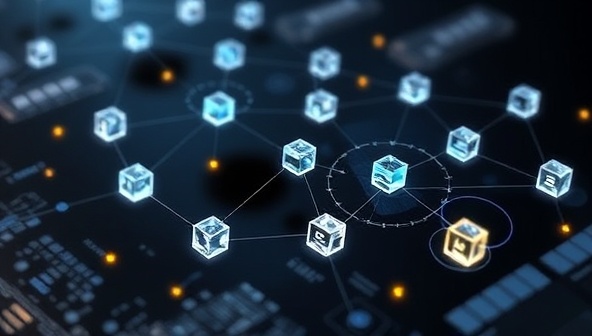 A digital visualization of a blockchain network connecting various stages of mineral extraction, processing, and distribution with transparent and secure data blocks, symbolizing the traceability and accountability provided by MineralChain in mineral supply chains.