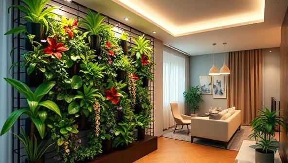 An elegant vertical garden installation in a modern apartment setting, featuring a variety of flourishing plants under soft LED lighting, creating a harmonious blend of nature and urban living.