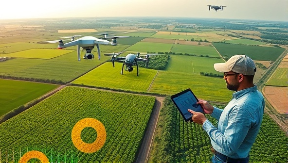 An aerial view of a precision farming landscape with drones flying above lush fields, satellite imagery overlaying crop health indicators, and a farmer analyzing data on a digital tablet, illustrating the power of data analytics in modern agriculture.