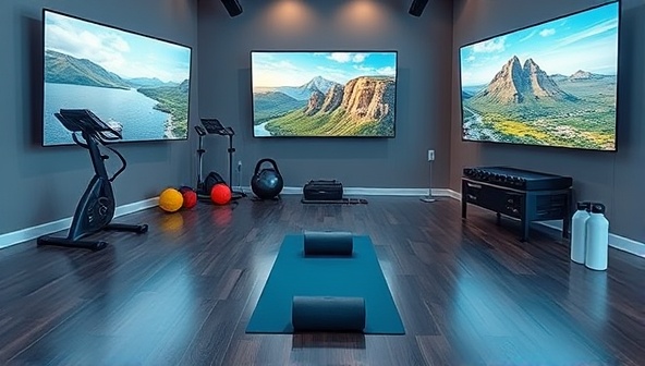 A digital fitness studio setup with workout equipment, yoga mats, water bottles, and virtual screens displaying scenic workout locations, motivating and inspiring participants to stay active and healthy on their virtual travel adventures.