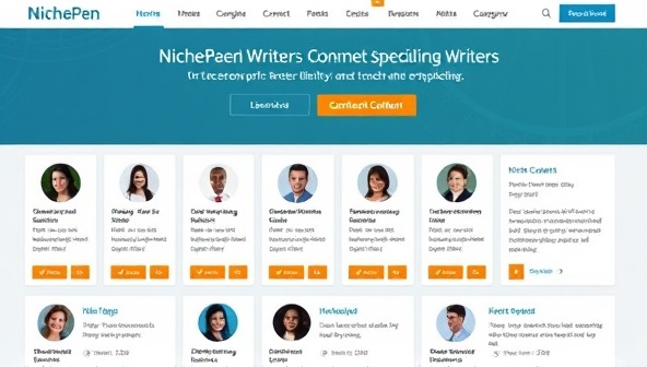 A digital marketplace interface displaying a variety of niche content categories with profiles of specialized writers, logos of partnering businesses, and testimonials from satisfied clients, creating a professional and trustworthy platform for connecting niche writers with content seekers at NichePen Freelance.