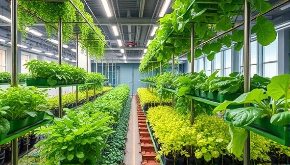 An urban setting with a vibrant indoor garden filled with lush greenery and a diverse array of vegetables growing vertically under artificial lighting, illustrating sustainable farming in the heart of the city.