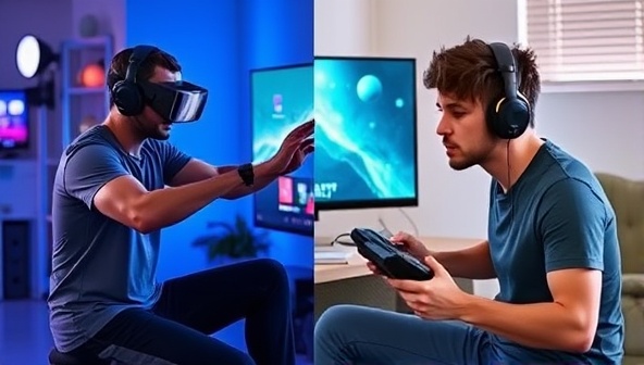 A split-screen image showing a gamer exercising with a fitness coach virtually on one side and gaming with improved energy levels and focus on the other side, highlighting the synergy between physical fitness and gaming performance.