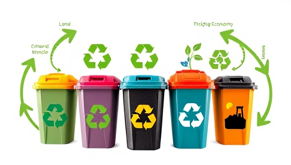 A visually impactful graphic featuring a spectrum of waste bins with recycling symbols, composting logos, and landfill icons, surrounded by green arrows symbolizing the circular economy concept, conveying the message of responsible waste management and environmental consciousness.