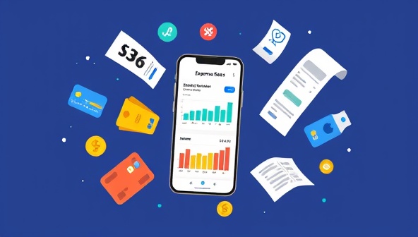 An illustration of a smartphone displaying the ExpenseEase app interface, with colorful charts and graphs representing financial data, surrounded by icons of credit cards, receipts, and coins, symbolizing efficiency and organization in tracking expenses.