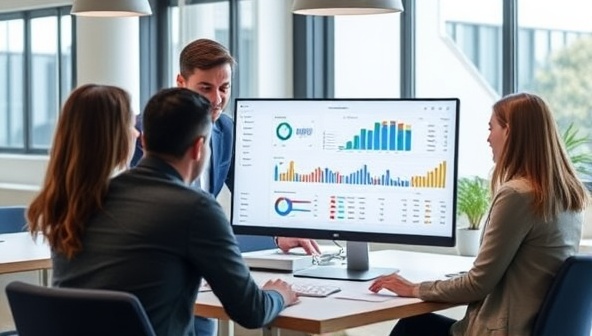 An office scene showcasing a business team collaborating around a computer screen displaying CloudFin Reports' dashboard with colorful charts and financial data, highlighting the software's user-friendly interface and real-time insights.