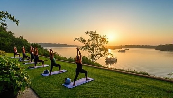An image of a serene yoga retreat setting with lush greenery, tranquil water views, and guests participating in sunrise yoga sessions, creating a peaceful and harmonious atmosphere synonymous with ZenFitness Escapes.