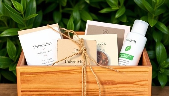 A beautifully crafted wooden gift box adorned with natural twine and a plant-based ribbon, filled with personalized eco-friendly gifts like handmade recycled paper cards and organic skincare products, set against a backdrop of lush greenery, conveying a sense of nature-inspired elegance.