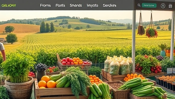 An online marketplace interface displaying a variety of fresh produce, artisanal goods, and handmade products from local vendors, set against a backdrop of rolling farmlands and a bustling virtual farmers market atmosphere, capturing the essence of community and sustainability.