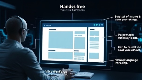 An innovative visualization of a user creating a website design using voice commands, with a dynamic interface displaying design elements being adjusted and customized in real-time through natural language interactions, highlighting the futuristic and hands-free nature of VoiceWebForge.