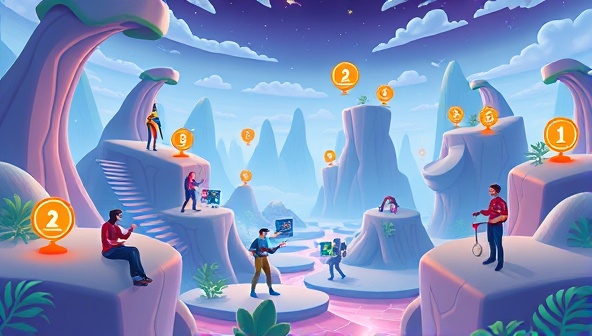 An immersive digital landscape featuring avatars of users engaging in web design challenges, collaborating on projects, and earning rewards, illustrating the interactive and gamified learning experience of WebCraftQuest's platform.