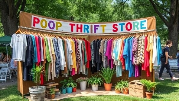 A vibrant and trendy pop-up thrift store set up in a park, featuring racks of colorful vintage clothing, eco-friendly accessories, and potted plants, creating a hip and sustainable shopping experience.