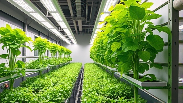 A modern, sleek indoor vertical farm setup with rows of flourishing plants under LED lights, showcasing the efficient use of space and innovative farming technology.