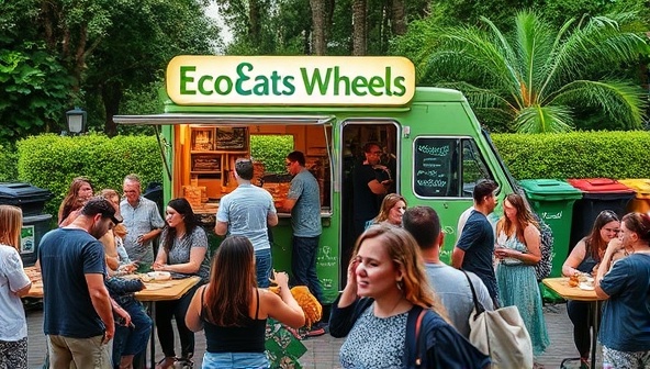 An eye-catching image of EcoEats Wheels food truck surrounded by bustling customers enjoying gourmet meals served in eco-friendly, compostable containers, with a backdrop of lush greenery and recycling bins, illustrating the zero-waste ethos.