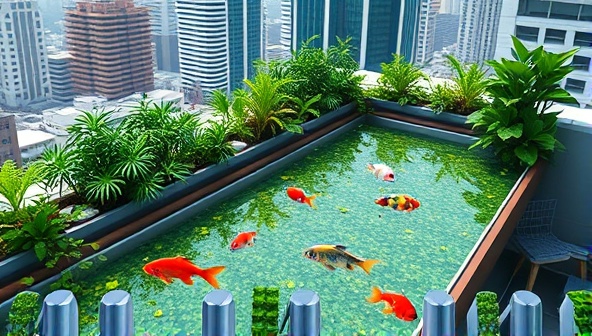 An urban rooftop garden with a futuristic aquaponics system, featuring lush greenery, colorful fish swimming in tanks, and smart sensors monitoring the environment, illustrating a harmonious blend of nature and technology.