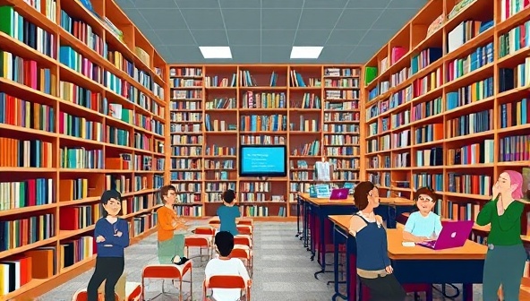 An imaginative depiction of a virtual library filled with digital books, interactive learning modules, and diverse avatars engaging in collaborative learning activities, representing the rich and diverse e-learning content available on the platform.