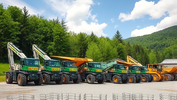 An array of modern and eco-friendly mining equipment lined up against a backdrop of lush greenery and clear skies, showcasing the environmentally conscious approach of EcoEquip Rentals in the mining industry.