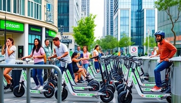 An urban setting with vibrant city streets and a docking station filled with electric scooters, showcasing diverse riders enjoying a smooth and eco-friendly commuting experience, highlighting the convenience and sustainability of EcoScoot City.