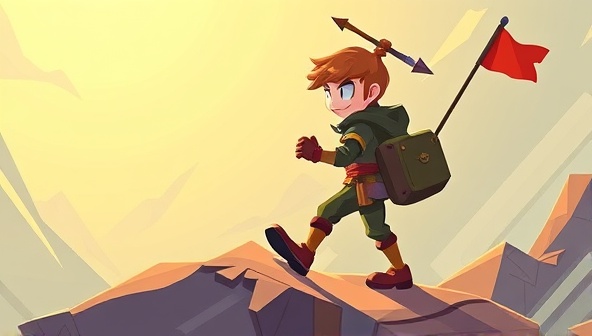 An imaginative depiction of a character embarking on a design quest, facing creative challenges and overcoming obstacles to unlock new web design skills and achievements, capturing the essence of learning and adventure at DesignQuest Academy.