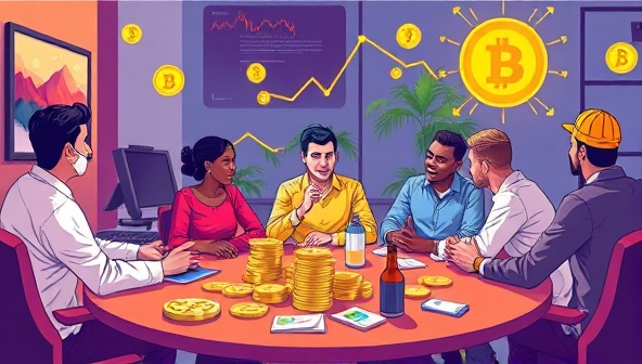 An engaging illustration of a vibrant crypto investment club community, with members discussing and analyzing cryptocurrency trends and projects in a dynamic and collaborative setting.
