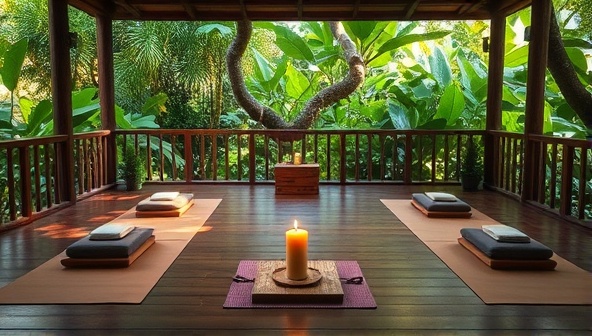 A tranquil setting featuring a serene meditation space surrounded by lush greenery, with yoga mats, meditation cushions, and incense sticks arranged in a harmonious layout, creating a peaceful and inviting atmosphere for mindfulness practices and wellness retreat experiences with SerenitySojourn.