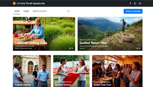 An online marketplace display featuring a variety of local experiences, including a traditional cooking class, a guided nature hike, a cultural dance workshop, and a street food tour, capturing the essence of immersive and authentic travel adventures.