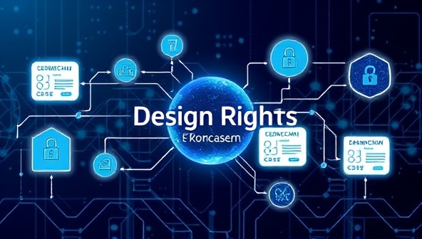 An innovative representation of DesignChain Rights showcasing a secure and transparent blockchain ecosystem, with digital certificates, smart contracts, and decentralized design assets trading, symbolizing trust, authenticity, and empowerment for designers in the digital marketplace.