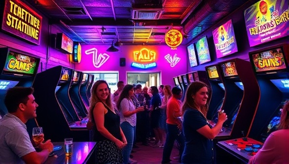 A vibrant bar setting adorned with neon lights and retro arcade machines, patrons laughing and competing in friendly gaming battles while enjoying drinks, capturing the essence of nostalgia and social camaraderie.
