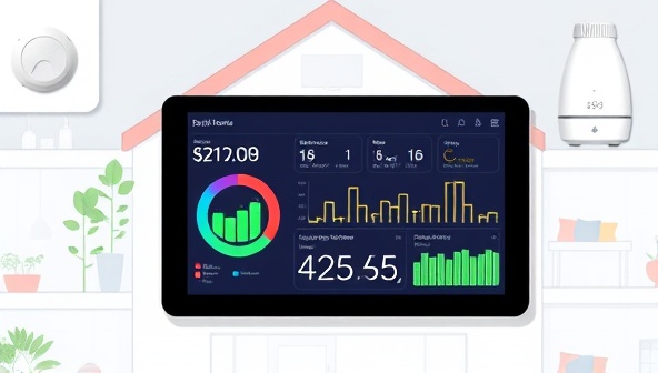 An illustration of a smart home equipped with energy-saving devices, featuring a dashboard on a tablet displaying real-time energy consumption data and cost savings, highlighting the system's efficiency and user-friendly interface.