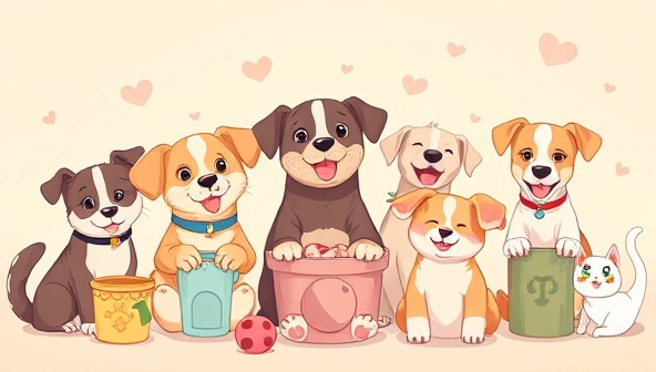 A delightful digital illustration featuring a collection of happy pets enjoying the contents of the Paws & Harmony Box, surrounded by playful toys, healthy treats, and colorful grooming products, evoking a sense of joy and well-being for pets and owners alike.