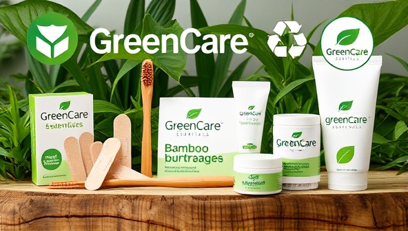 A visually appealing image of GreenCare Essentials product line featuring biodegradable bandages, bamboo toothbrushes, and plant-based ointments packaged in recyclable materials, set against a backdrop of lush greenery and eco-friendly branding elements, highlighting the brand's commitment to sustainability in healthcare.