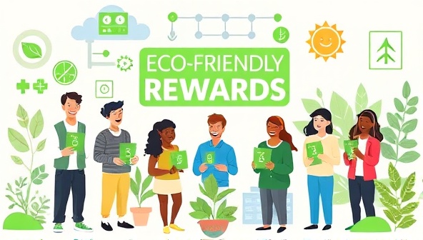 An eco-friendly rewards program illustration featuring a diverse group of customers receiving digital rewards for making sustainable banking choices, surrounded by green symbols, renewable energy visuals, and nature-inspired elements, promoting a green and rewarding banking experience.