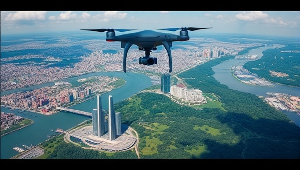 An aerial view captured by a drone showing a stunning landscape with city skyscrapers, lush greenery, and bodies of water, showcasing the breathtaking perspective and detailed imagery produced by SkyScapes Imaging's drone photography services.
