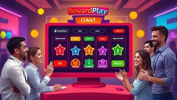 An engaging visual representation of a digital gaming interface with colorful reward icons and progress bars, surrounded by happy customers interacting with the platform, symbolizing the fun and rewarding experience of participating in RewardPlay's gamified loyalty programs.