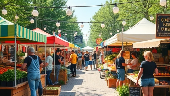 A charming and bustling farmers market scene with a diverse array of vendors showcasing fresh produce, artisanal goods, and specialty foods under colorful canopies and banners, attracting a mix of eager customers browsing and sampling the local treats, capturing the essence of NeighborNosh Market's vibrant local food subscription marketplace.