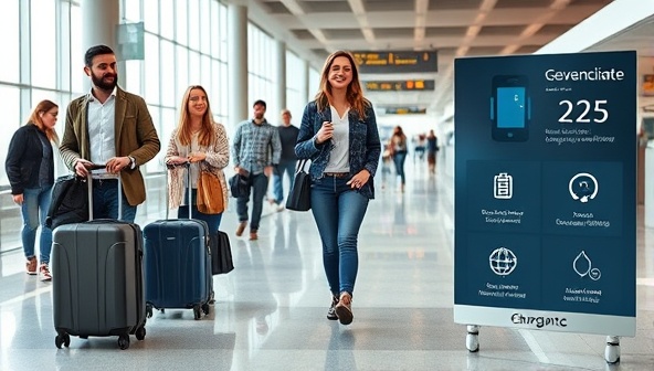 An airport scene showcasing travelers confidently navigating through the terminal with TravelMate smart luggage equipped with GPS trackers and digital locks, seamlessly charging their devices on the go, and a digital display showing the luggage's advanced features and benefits, illustrating convenience and modern travel solutions.