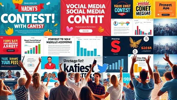 A dynamic collage featuring colorful contest banners, social media engagement metrics, and excited participants sharing contest posts, capturing the energy and buzz of interactive social media contests on various platforms.
