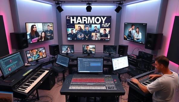 An immersive digital studio setting with virtual instruments, mixing boards, and collaborative music projects displayed on screens, featuring a diverse group of musicians working together on a creative music production session, capturing the collaborative and innovative spirit of HarmonyHub Studio's online music platform.