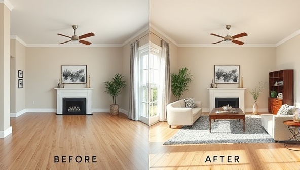 A split-screen image showing a room before and after virtual staging, with the 'before' side featuring an empty space and the 'after' side showcasing the same room furnished and decorated virtually to attract potential buyers or renters.
