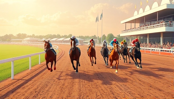 An illustration of a virtual horse racing track with animated horses racing towards the finish line, capturing the excitement and thrill of virtual horse racing.