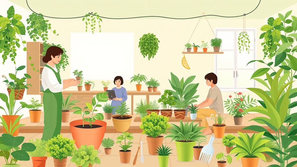 An illustration of a virtual gardening workshop setting with an expert horticulturist demonstrating plant care techniques, participants engaging in hands-on gardening activities from their homes, and a variety of lush plants and gardening tools displayed in a virtual garden space, creating a green and vibrant virtual gardening experience.