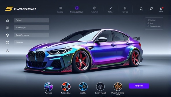 An eye-catching digital rendering of a customized car featuring unique paint colors, customized rims, and personalized body modifications, displayed on a sleek and modern interface to showcase the platform's customization capabilities.