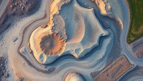 An aerial view captured by a drone showing a mining site with detailed topographical data, mineral deposits, and vegetation analysis overlay, highlighting the precision and insights provided by drone-based surveying services.
