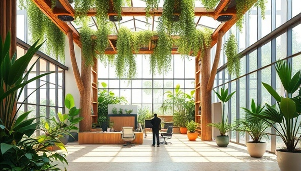 An architectural visualization of a biophilic office space with abundant greenery, natural light, and organic materials, creating a harmonious and rejuvenating environment that embodies the essence of biophilic architecture.