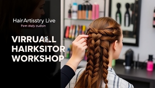 A virtual hairstyling workshop on HairArtistry Live featuring a professional hairstylist demonstrating a trendy braided hairstyle on a model, with a backdrop of colorful hair accessories and styling tools, exuding creativity and expertise in hair artistry.