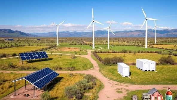 A rural landscape with smart grid infrastructure, such as solar panels, wind turbines, and energy storage systems, integrated seamlessly into the environment to illustrate sustainable energy solutions for remote communities.